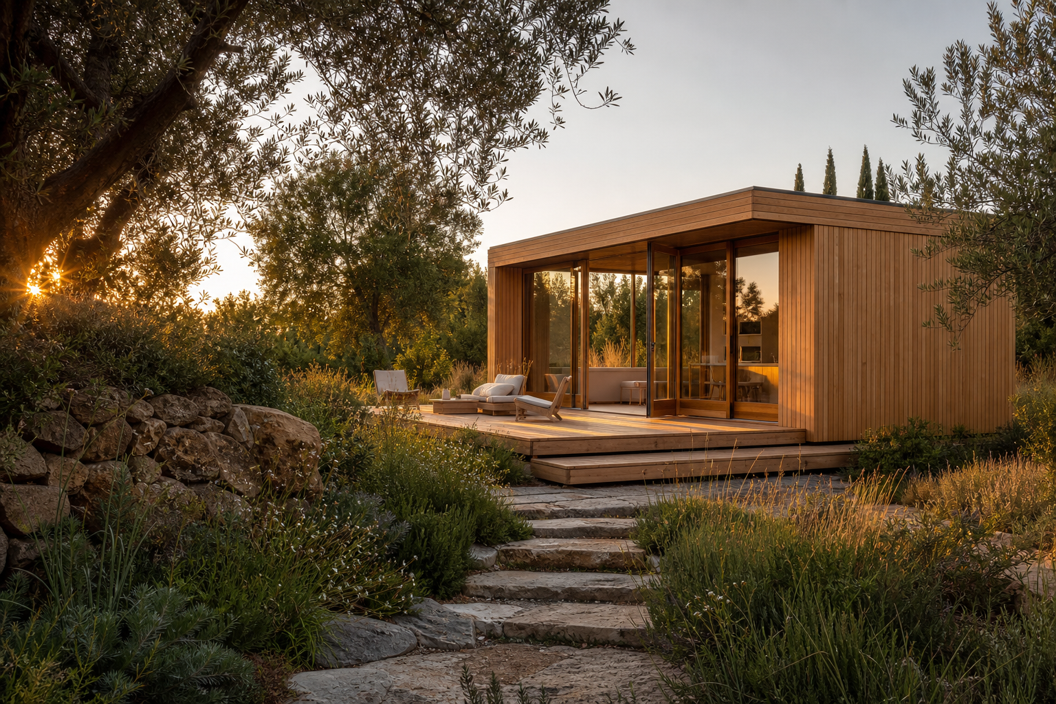 Maison compacte en bois dans un jardin naturel